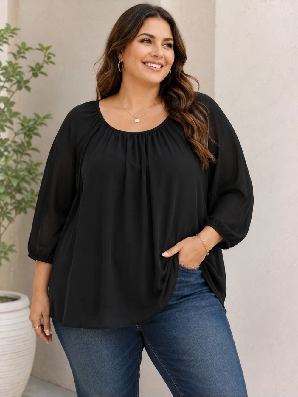 Old Navy Black Peasant Blouse XXL NWT Scoop Neck 3/4 Sleeve Flowy Tunic Top